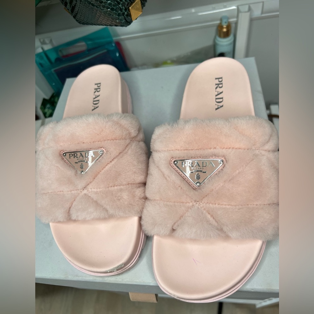 Prada Pink Shearling Slides, Size 40